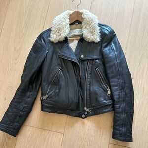 Burberry Black Leather Bomber Jacket with Sherpa Lining
